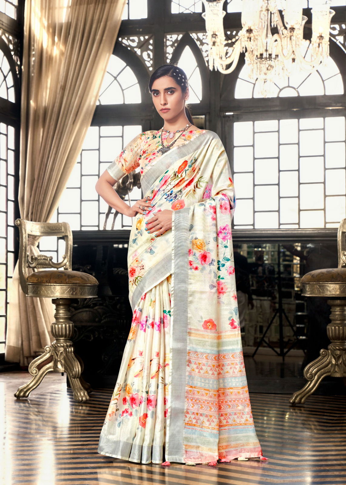 Shreyans White Fields Floral Party Wear Sarees Catalog